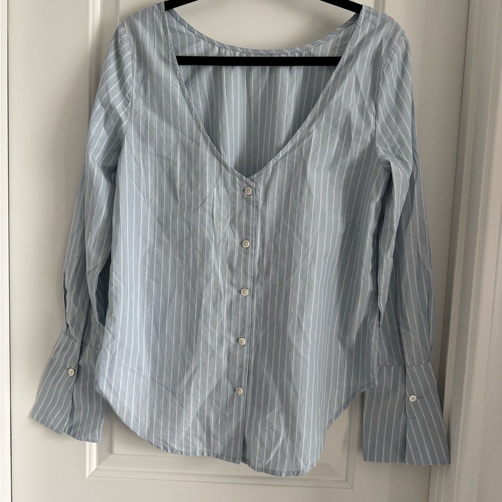 Frame Denim Blue and White Bell Sleeve Button Down Shirt